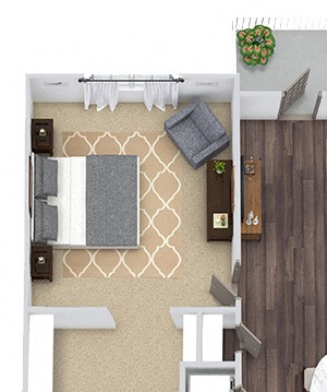 Meredith 3D. 1 bedroom apartment. Kitchen with island open to living room. 1 full bathroom. Walk-in closet. Patio/balcony.